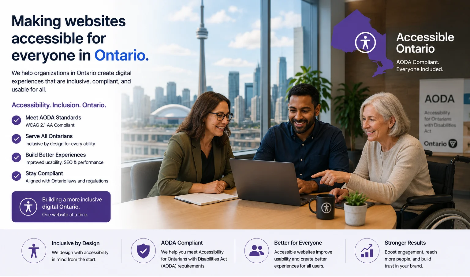 Making websites accessible for everyone in Ontario. Infographic showing AODA compliance, WCAG 2.0 AA standards, inclusive design for all Ontarians, and improved usability, SEO, and performance.