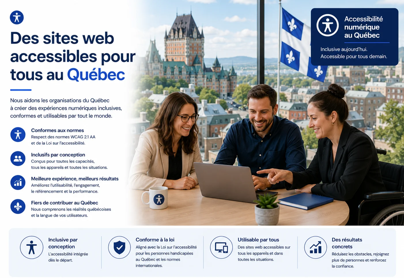 Des sites web accessibles pour tous au Québec. Infographie montrant la conformité WCAG 2.1 AA, la Loi sur l'accessibilité, la conception inclusive pour toutes les capacités, et l'amélioration de l'utilisabilité, l'engagement et le référencement.