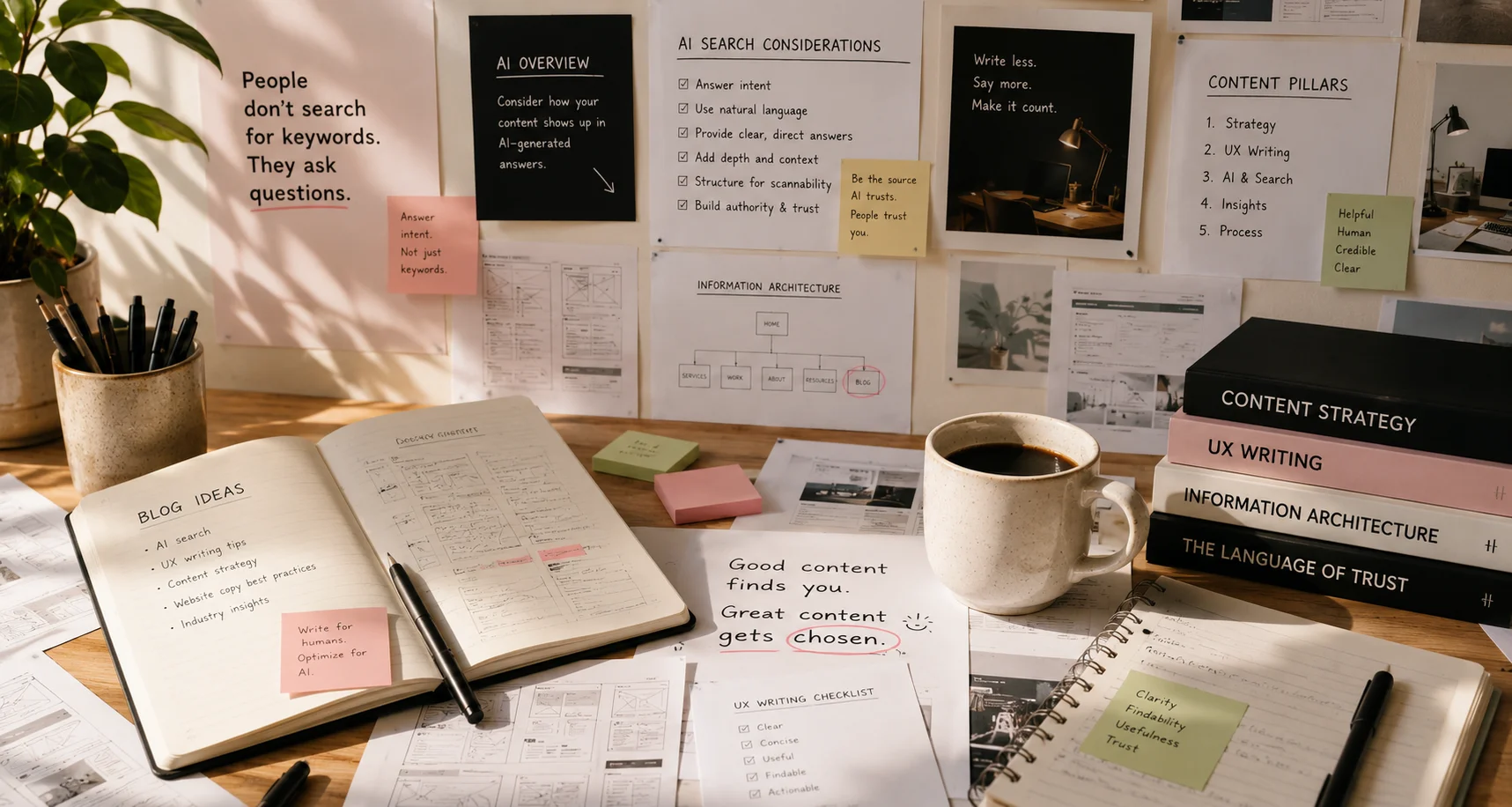 Bureau de stratégie de contenu avec cahiers, café et ressources de rédaction UX