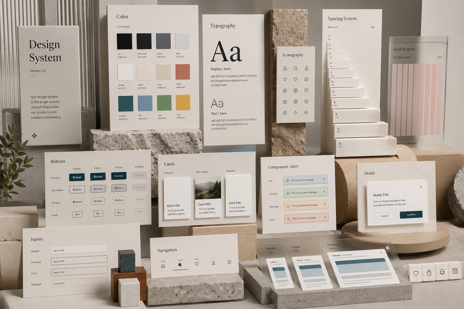 Design system components including colour palette, typography, buttons, cards, spacing, and grid layouts