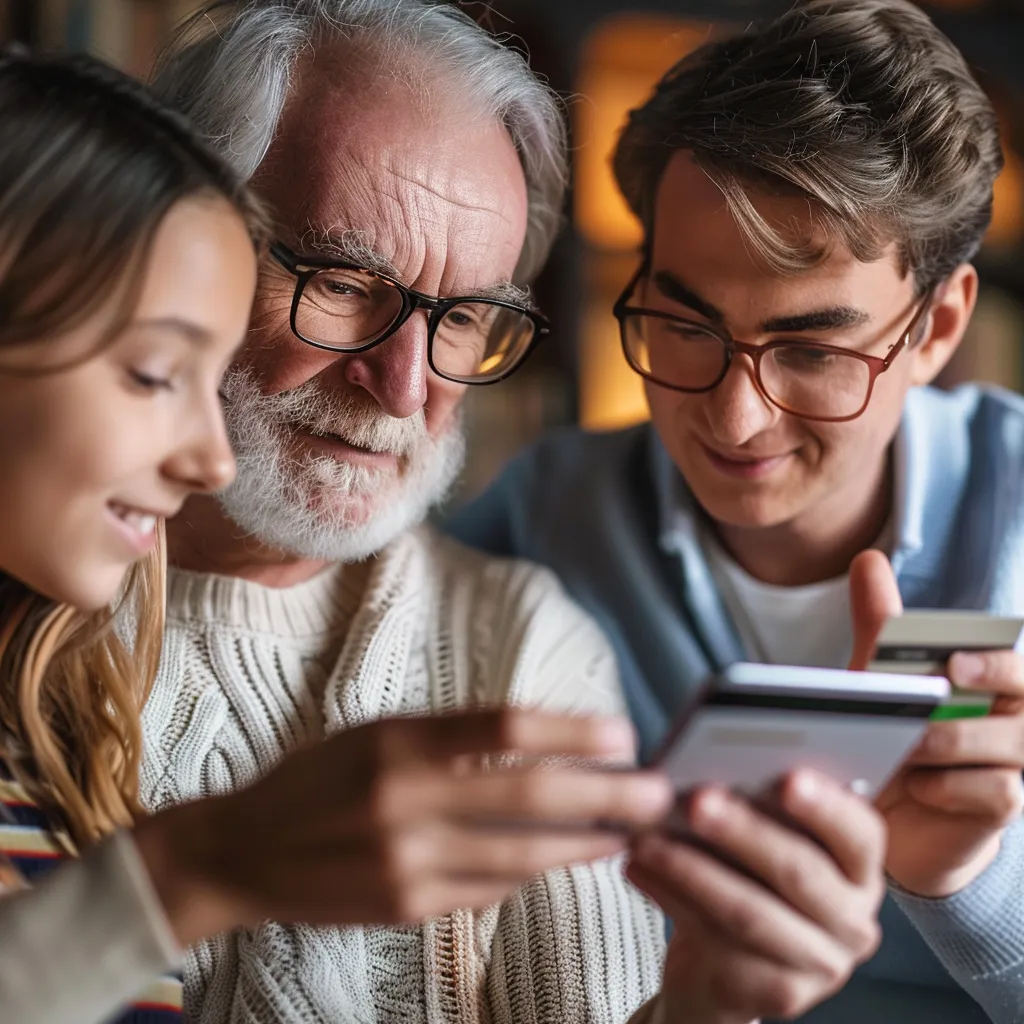 Personne âgée utilisant son téléphone tout en tenant une carte de crédit, représentant le potentiel de marché des sites Web accessibles