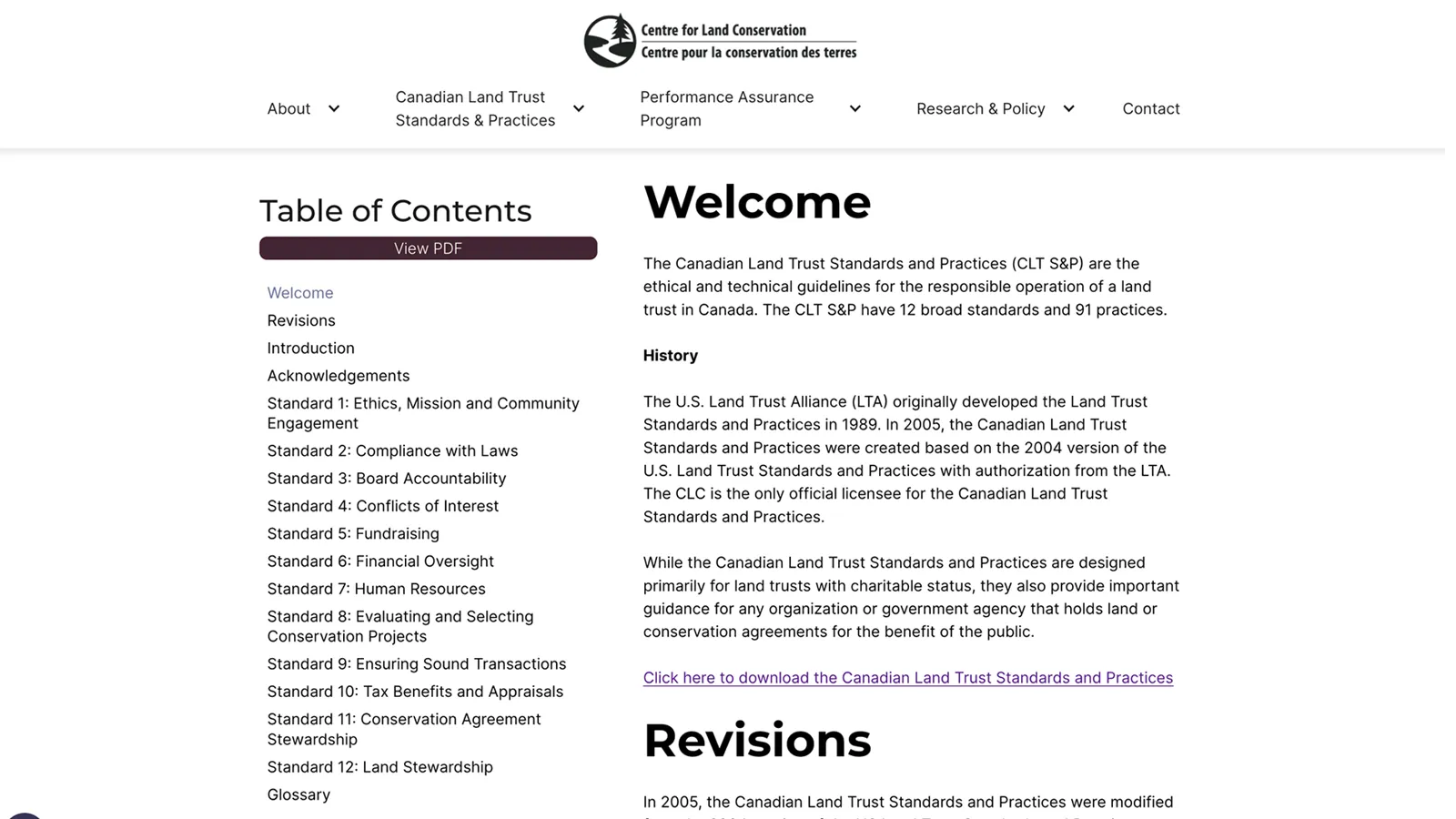 Canadian Land Trust Standards and Practices page showing table of contents, welcome section, and revision history