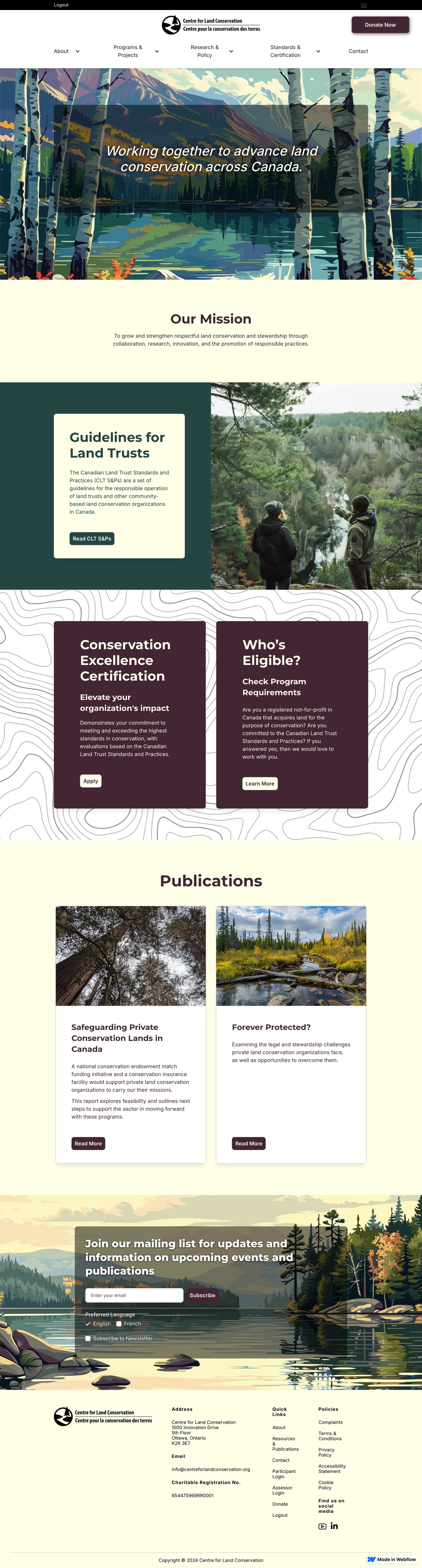 Centre for Land Conservation website homepage showing mission statement, land trust guidelines, and conservation resources
