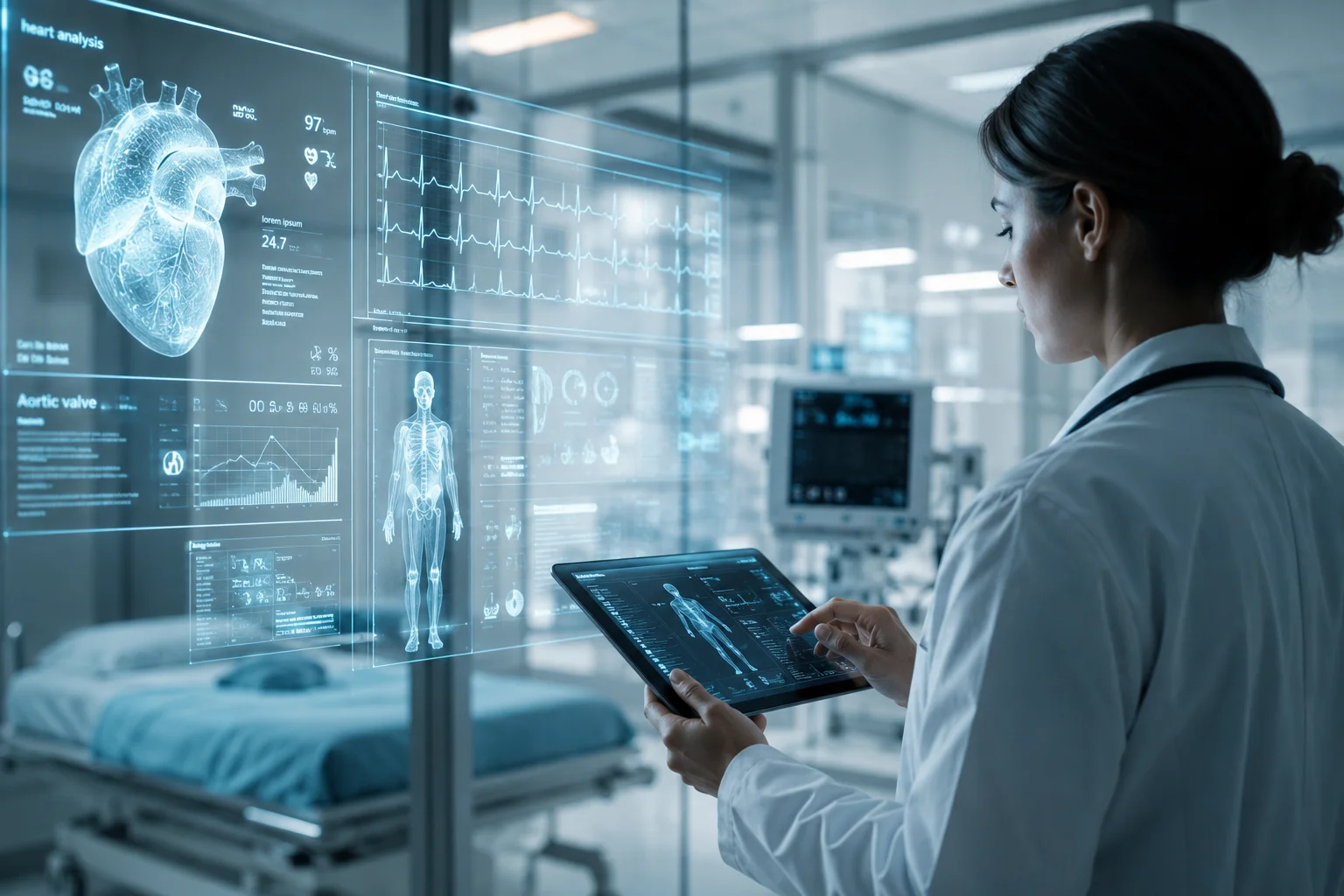 Professionnelle de la santé examinant des données patient sur une tablette avec des affichages médicaux holographiques