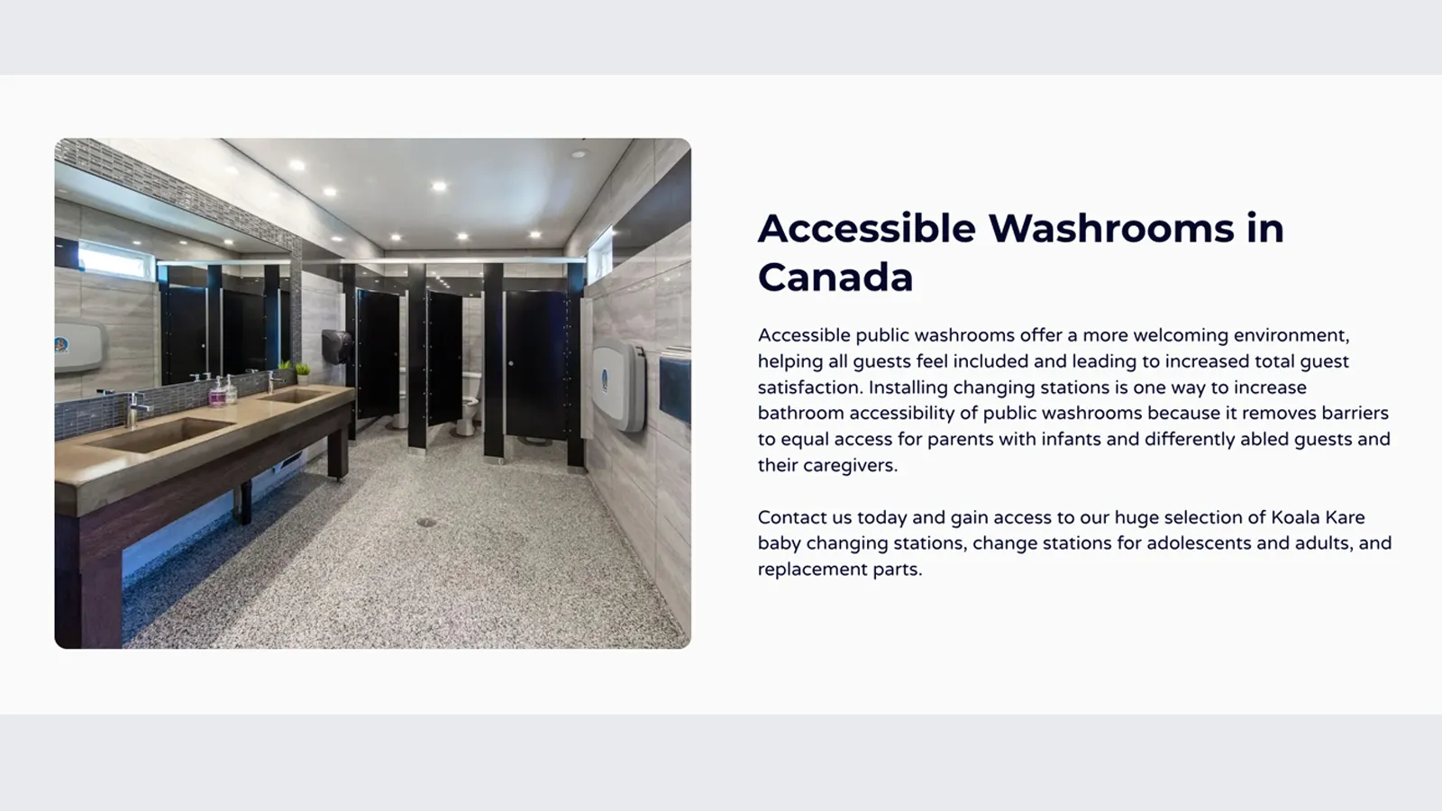 Accessible Washrooms in Canada page highlighting Koala Kare changing stations for inclusive public spaces