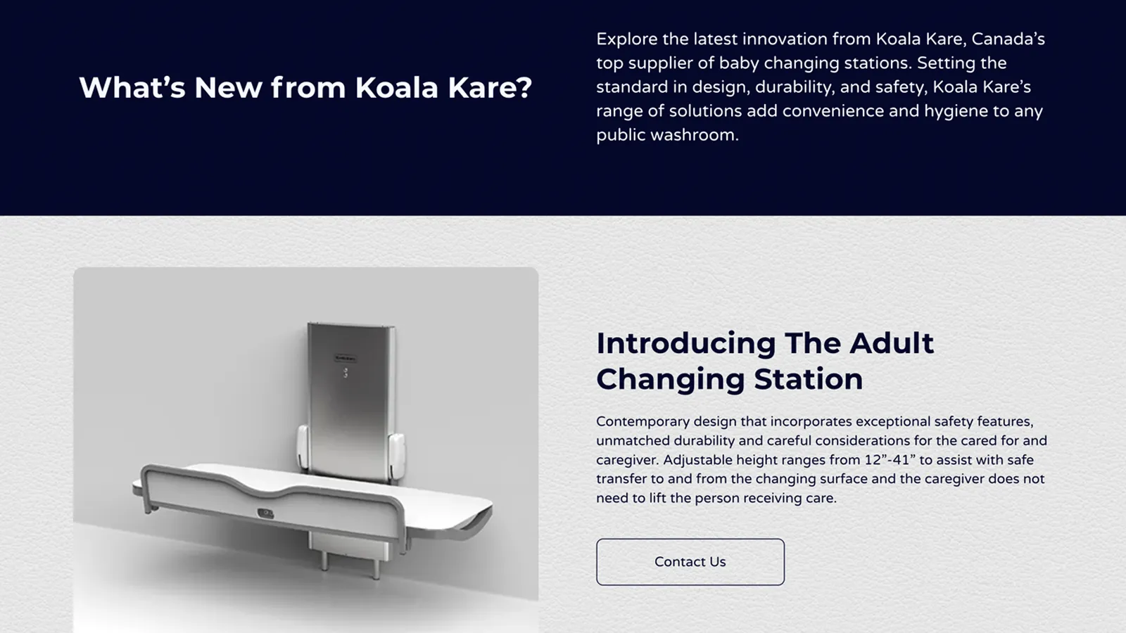 Koala Kare featured product page showing new innovations including the adult changing station