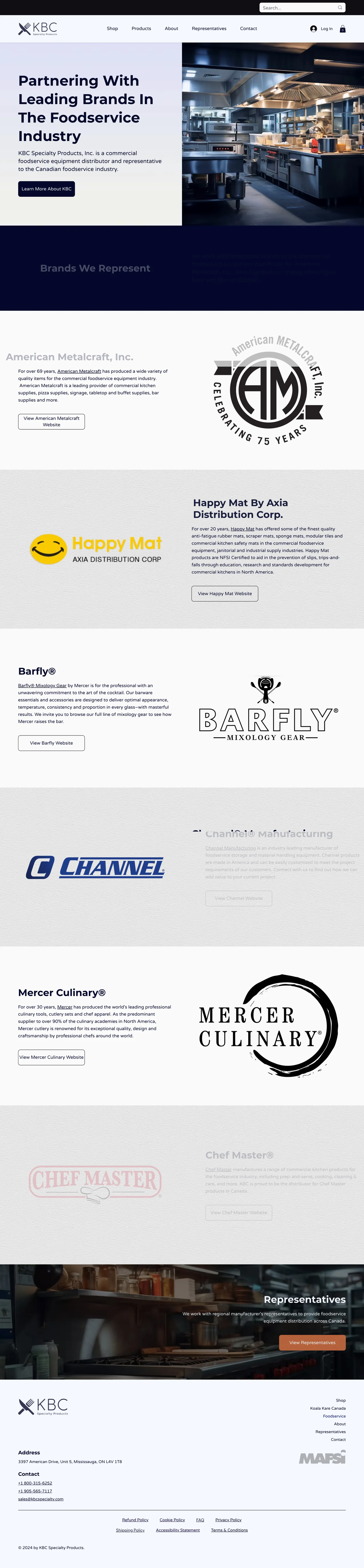 KBC Specialty homepage showing Koala Kare and Foodservice Equipment split landing page