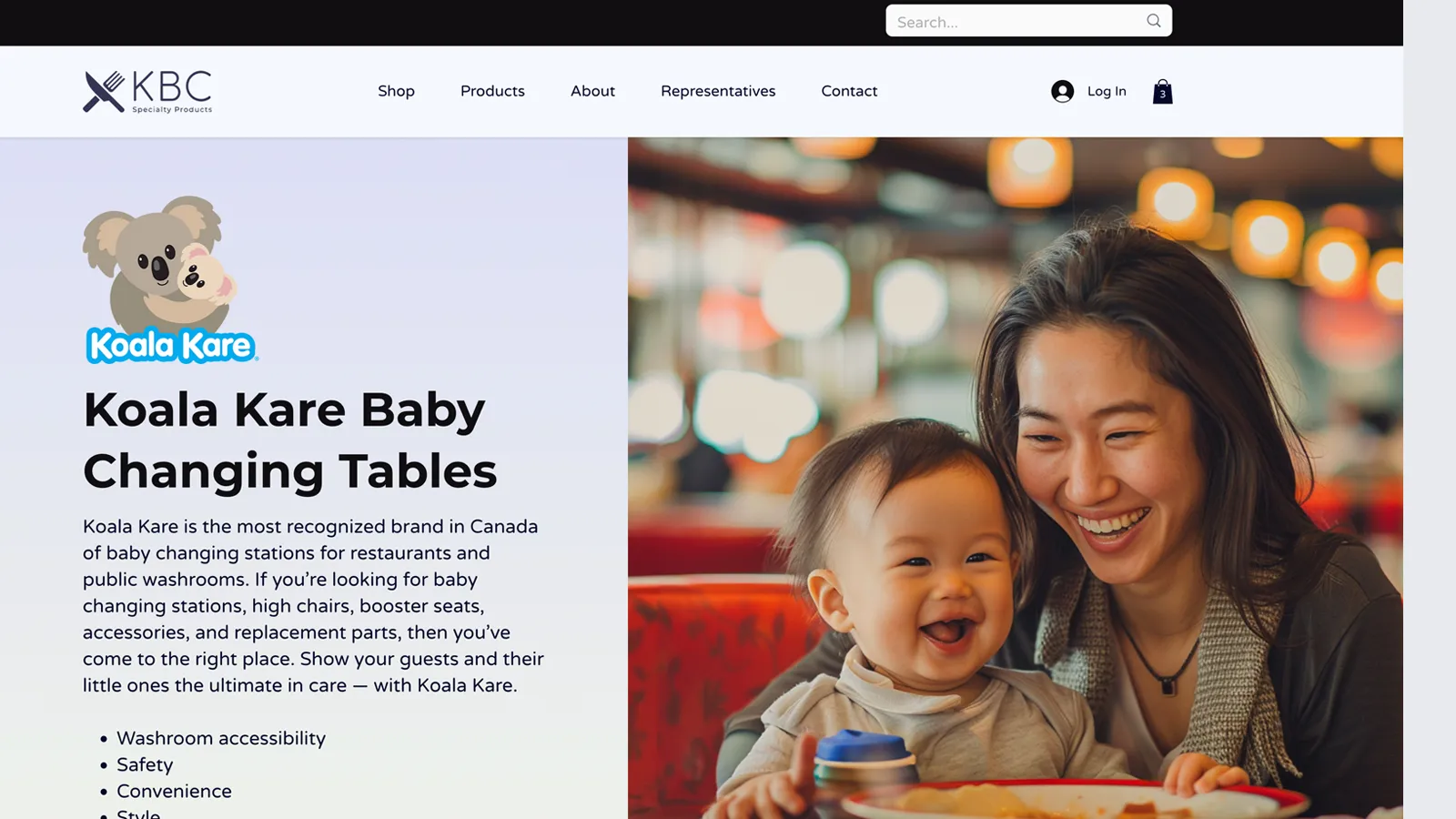 Koala Kare Baby Changing Tables landing page with product information and distributor positioning