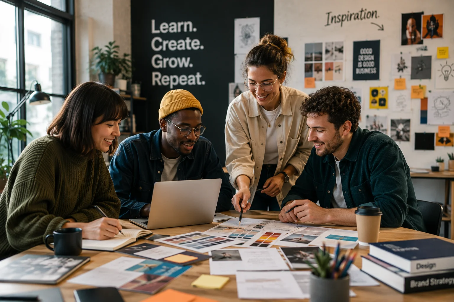 Creative team collaborating around a table with design materials and a laptop
