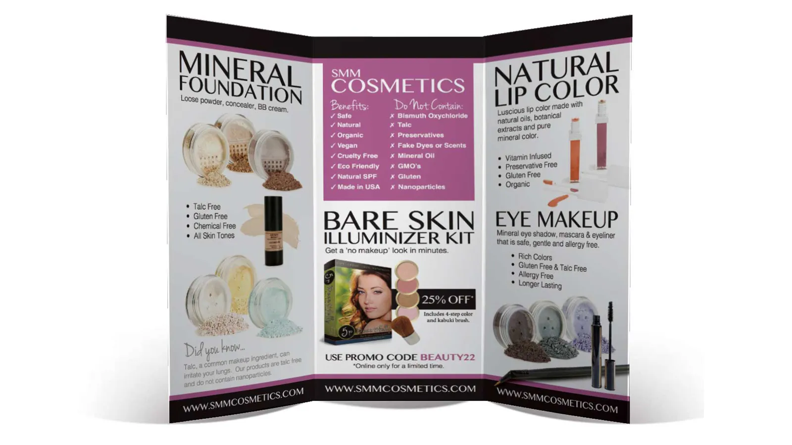 SMM Cosmetics tri-fold brochure featuring mineral foundation, natural lip color, and eye makeup products