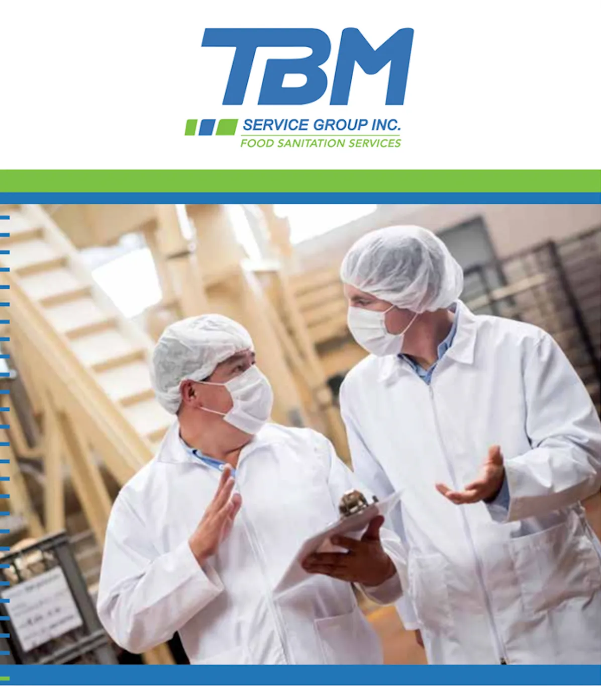 TBM Food Sanitation Services brochure cover showing food safety professionals
