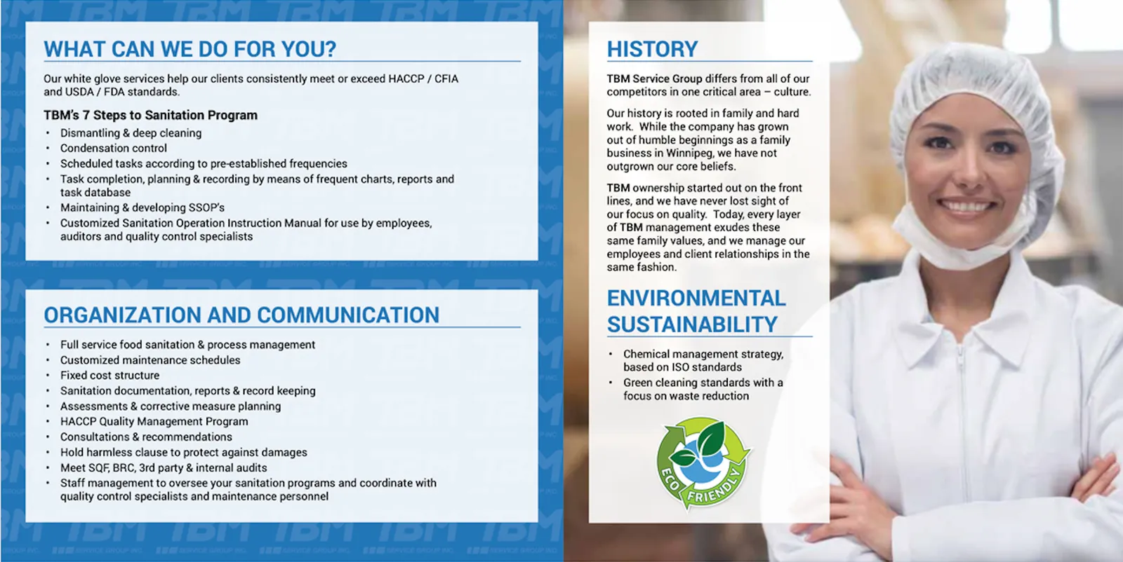 TBM Food Sanitation Services brochure interior showing services, organization structure, history, and environmental sustainability